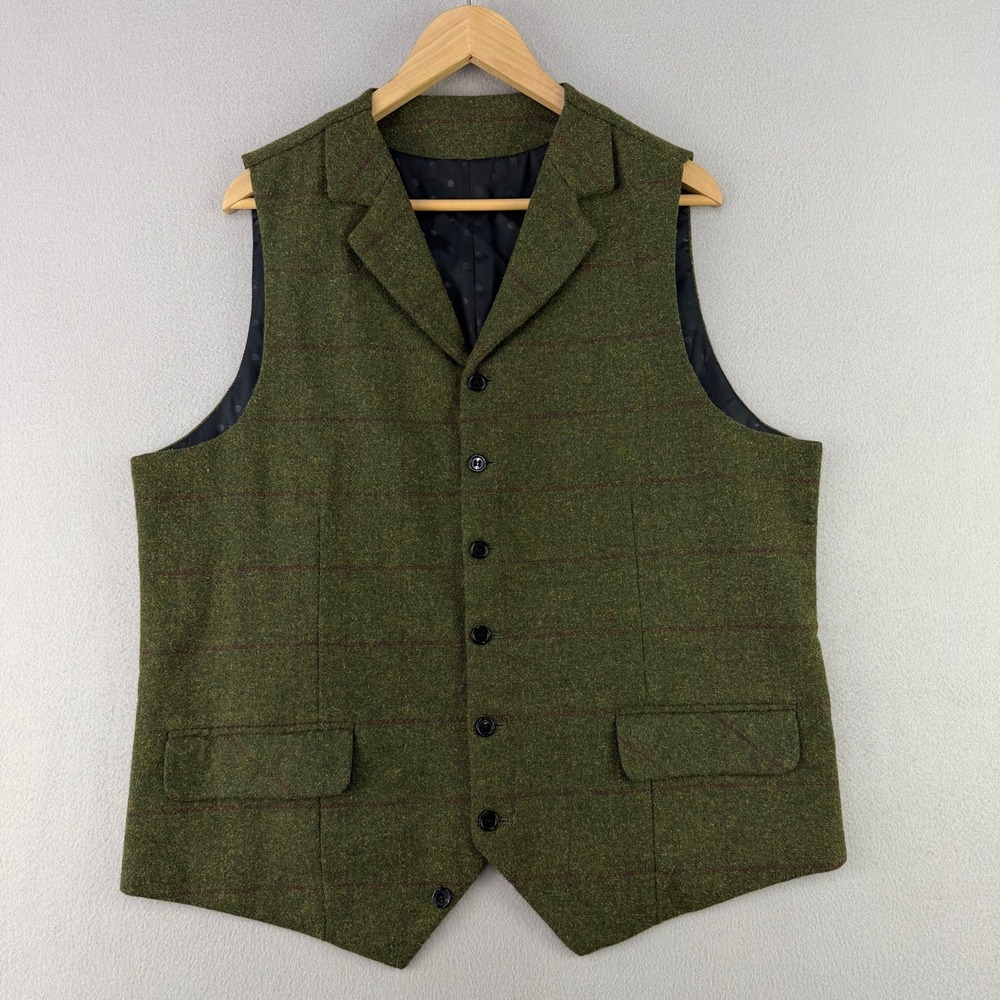 Mens Tweed Waistcoat size Large Green Plaid Wool Blend Suit Vest Old Money Mafia